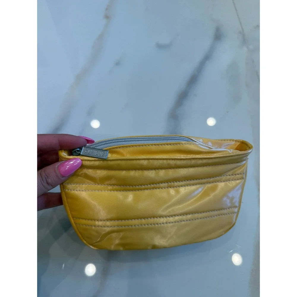 Clinique Yellow Quilted Nylon Makeup Bag Cosmetic Pouch Travel Case Zip Top
